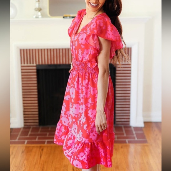 NEW Remember Me Red & Pink Floral Print Smocked Waist Midi Dress - Picture 6 of 14